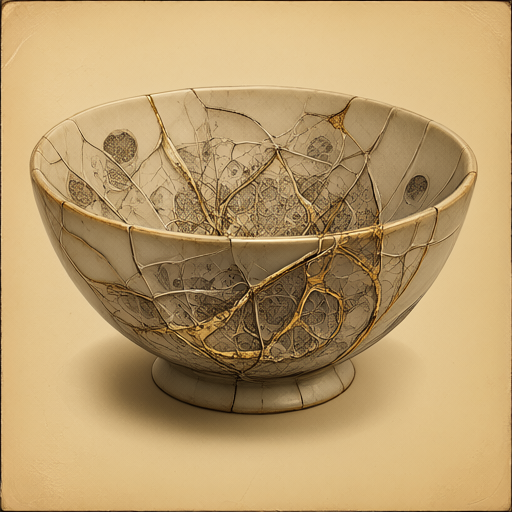 A repaired sepia ceramic bowl veined with gold