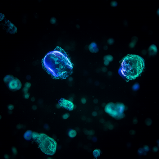 Glowing teal and violet orbs drifting like a spilled jar of light